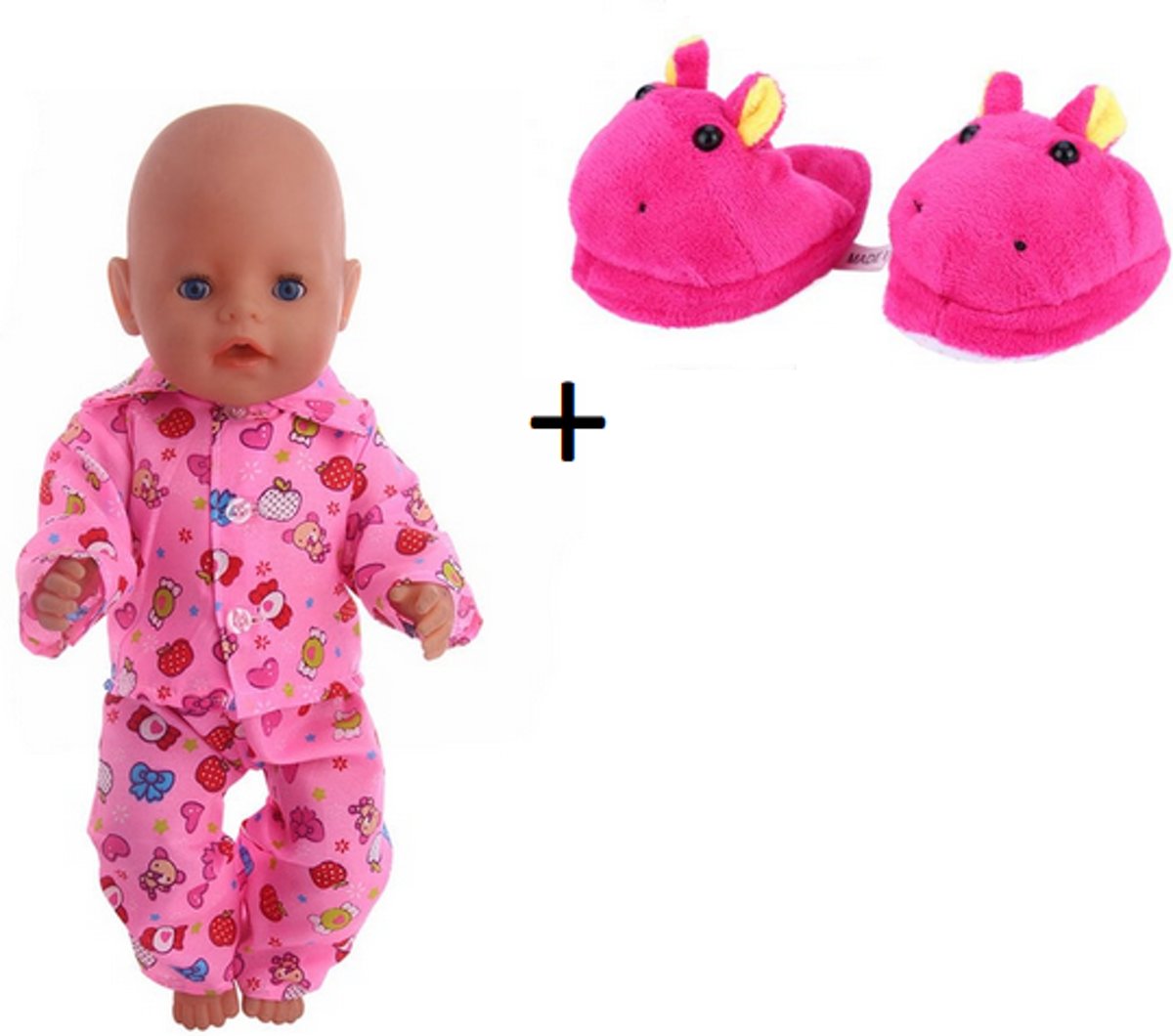 Voor de Pop | Babypop Slaaplekker kledingset Snoepgoed | Pyjama | Sloffen | Poppenkleren | Poppenaccessoires | 43cm